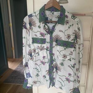 LOFT White Shirt with Green and Purple Floral Design